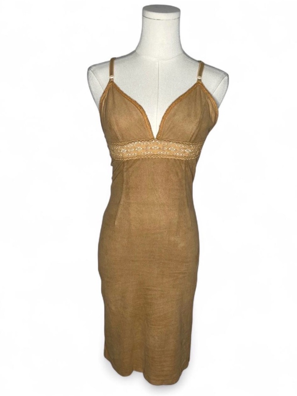 Y2K Vintage Camel Brown Faux Suede V Neck Sheer Lace Trim Bodycon Dress Fairy